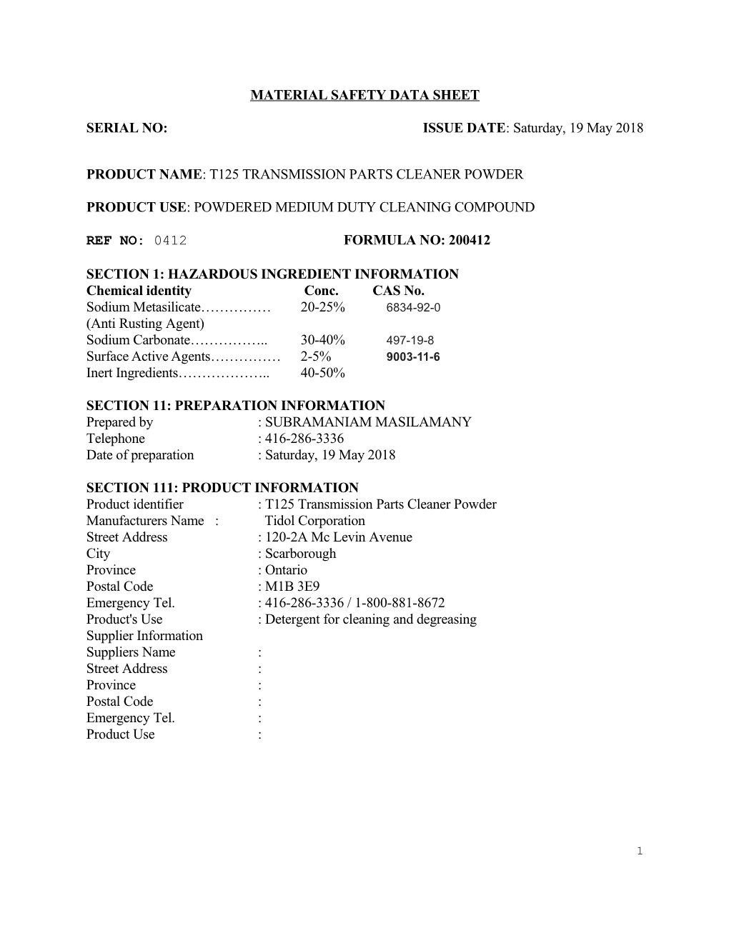 Material Safety Data Sheet s101