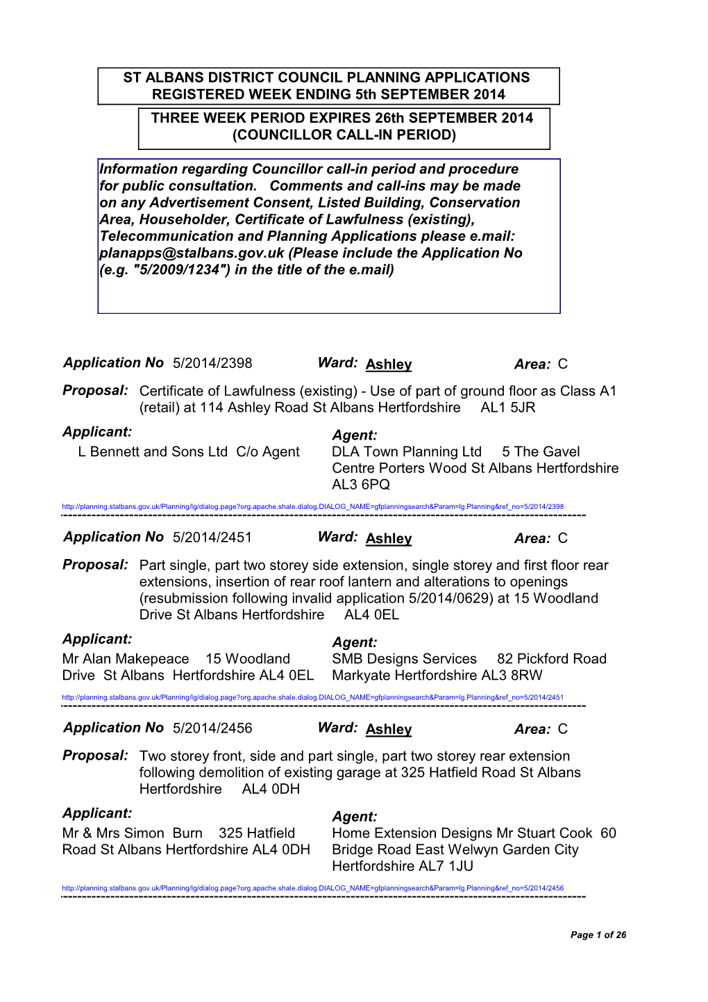 THREE WEEK PERIOD EXPIRES 26Th SEPTEMBER 2014 (COUNCILLOR CALL-IN PERIOD)