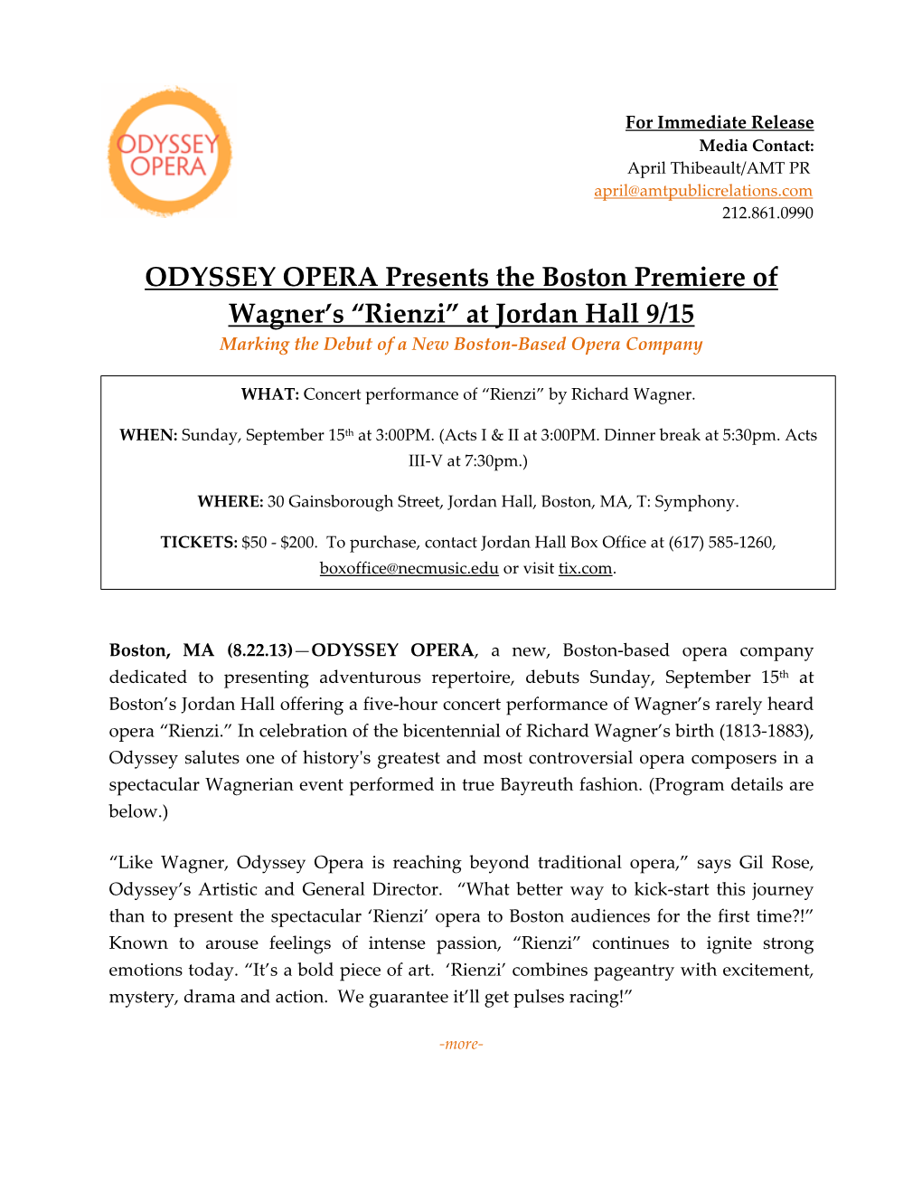 Rienzi” at Jordan Hall 9/15 Marking the Debut of a New Boston-Based Opera Company