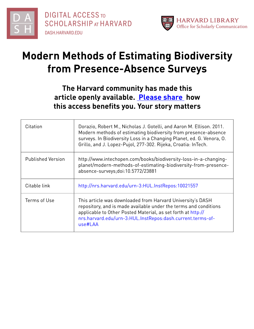 Modern Methods of Estimating Biodiversity from Presence-Absence Surveys