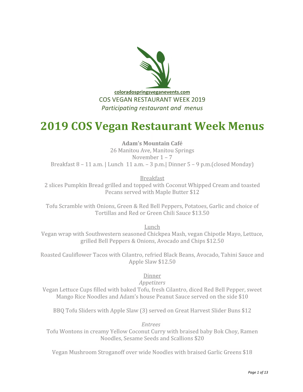 2019 COS Vegan Restaurant Week Menus