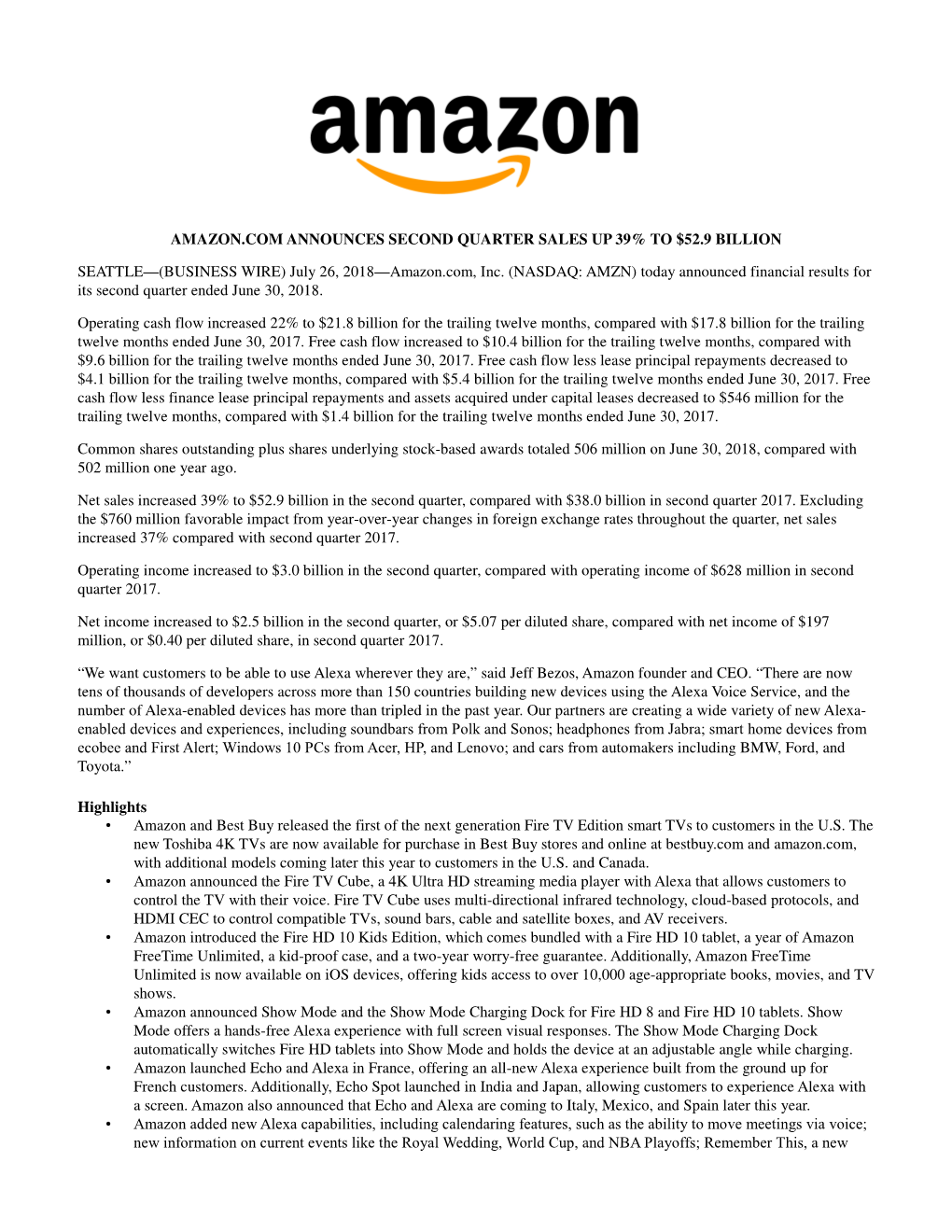 Amazon.Com Announces Second Quarter Sales up 39% to $52.9 Billion