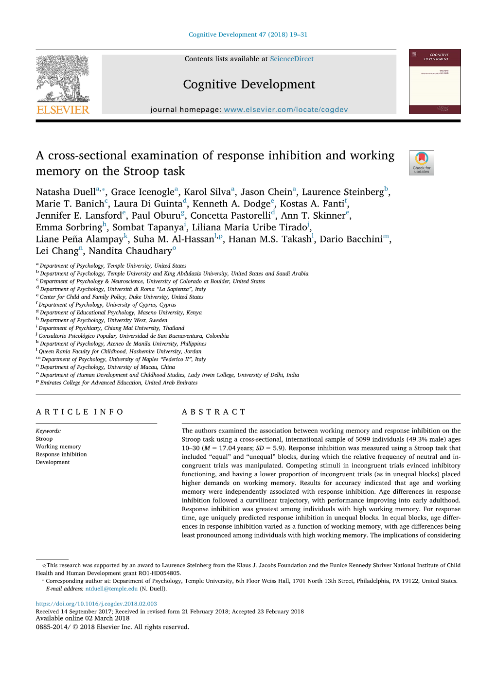 A Cross-Sectional Examination of Response Inhibition and Working