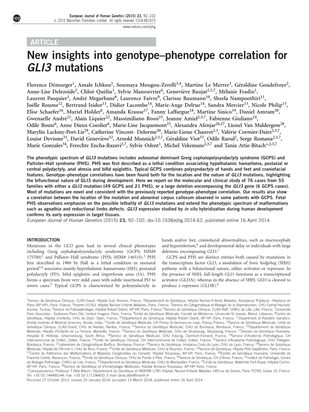 Phenotype Correlation for GLI3 Mutations