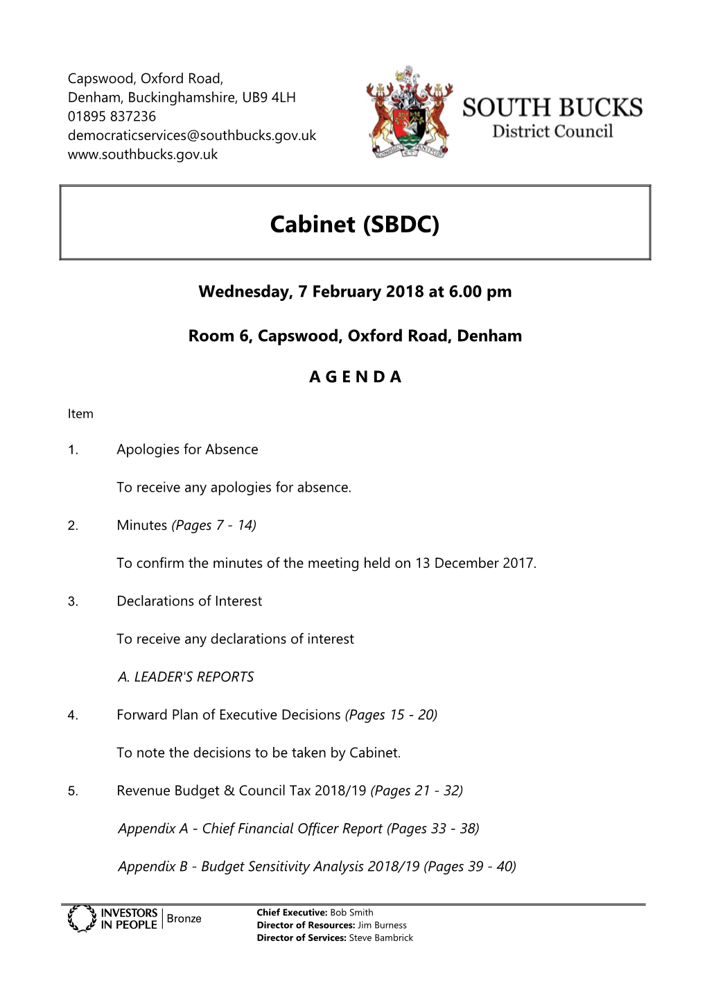 (Public Pack)Agenda Document for Cabinet (SBDC), 07/02/2018 18:00