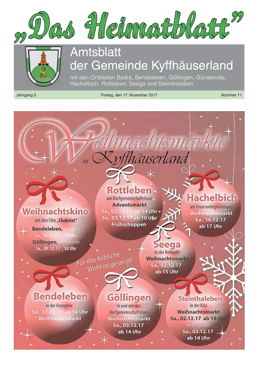 Nr. 11/2017 Amtsblatt Der Gemeinde Kyffhäuserland - 3 - Nr