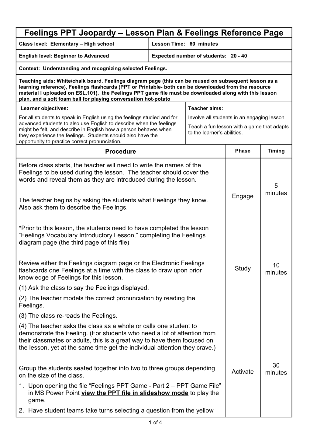 Feelings PPT Jeopardy Lesson Plan & Feelings Reference Page