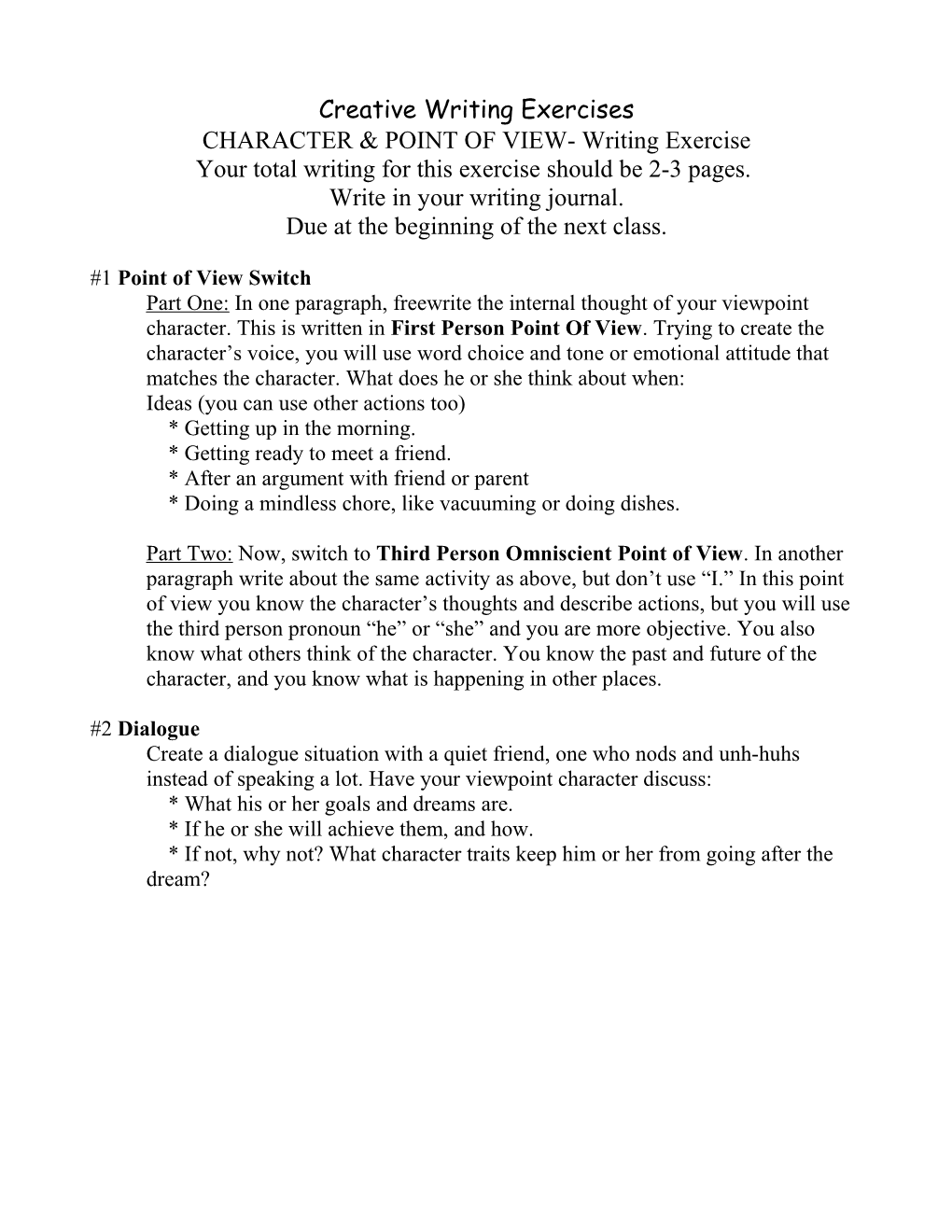 CHARACTER & POINT OF VIEW- Writing Exercise