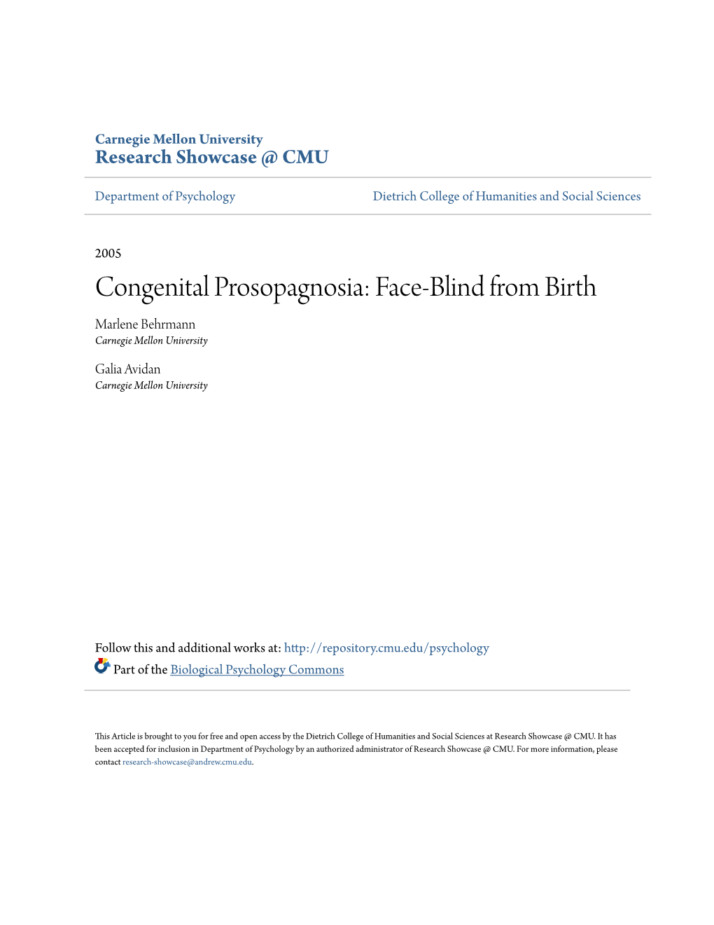 Congenital Prosopagnosia: Face-Blind from Birth Marlene Behrmann Carnegie Mellon University