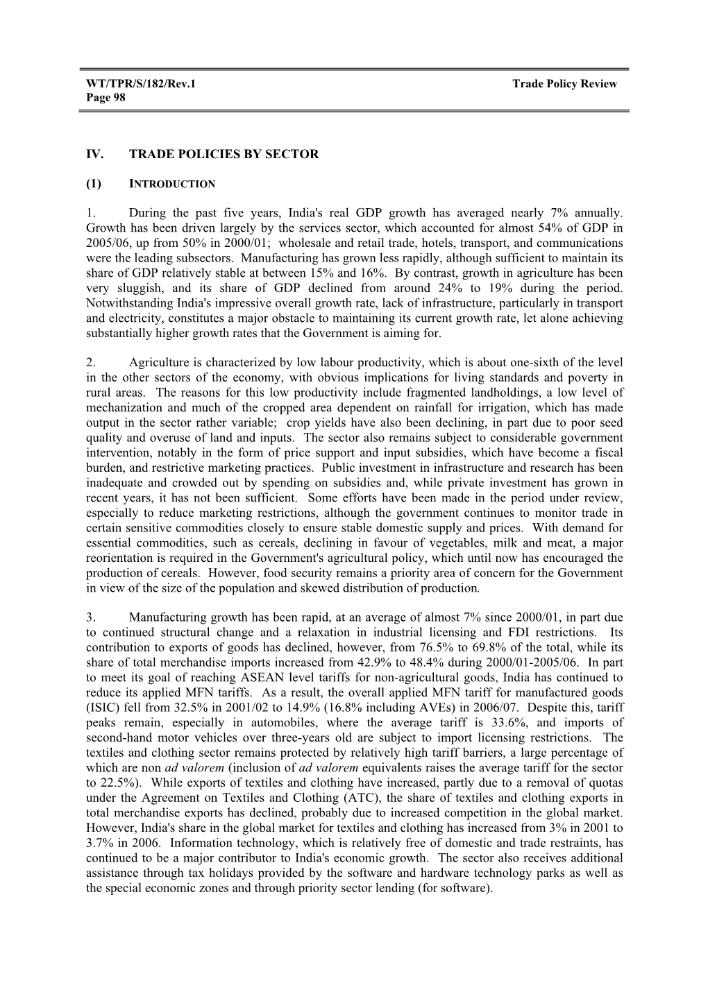 Iv. Trade Policies by Sector