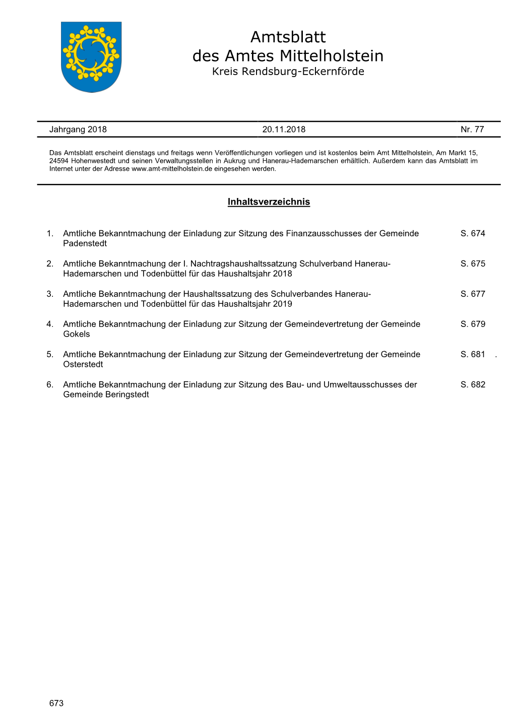 Amtsblatt Des Amtes Mittelholstein Nr. 77 Vom