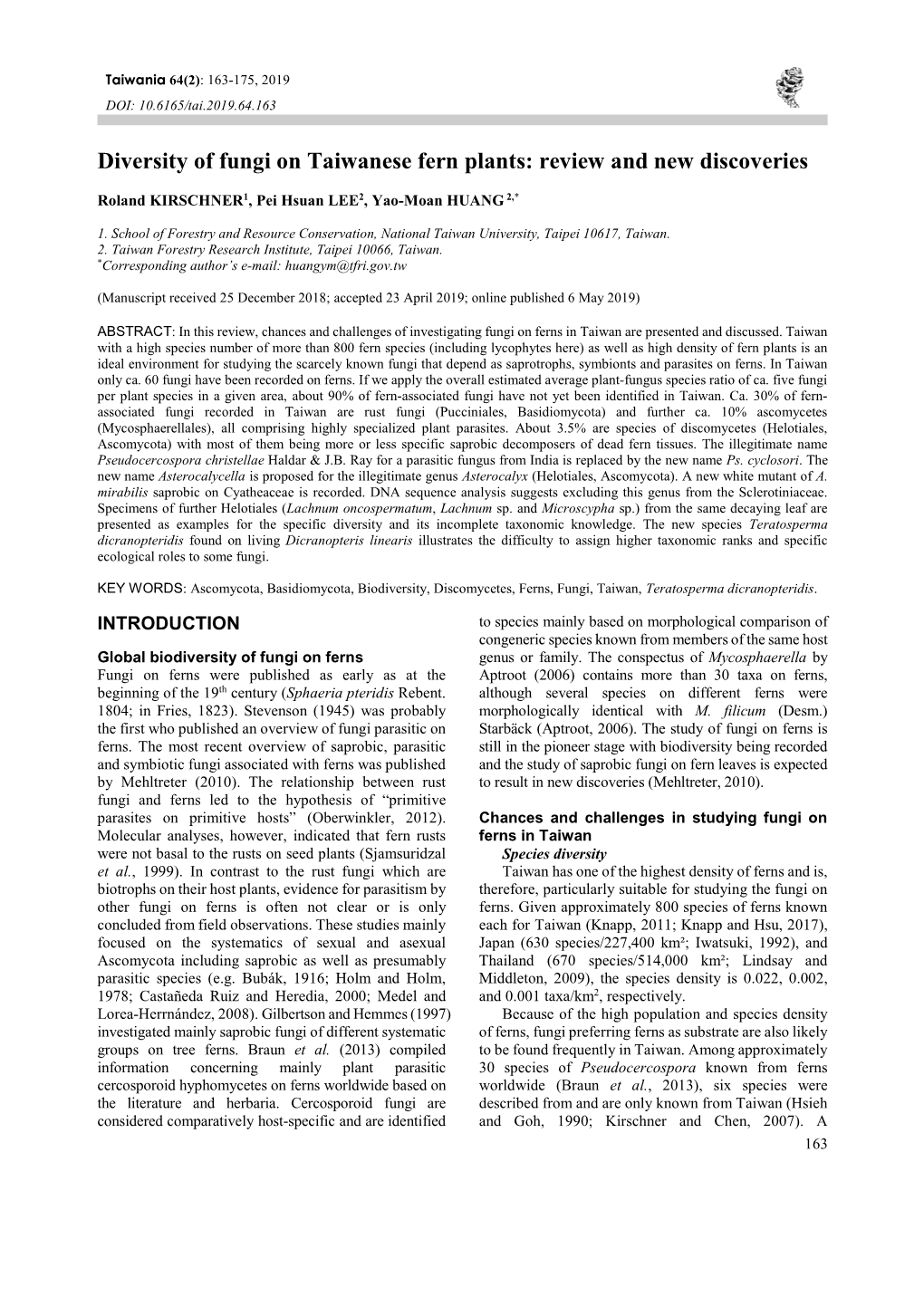 Diversity of Fungi on Taiwanese Fern Plants: Review and New Discoveries