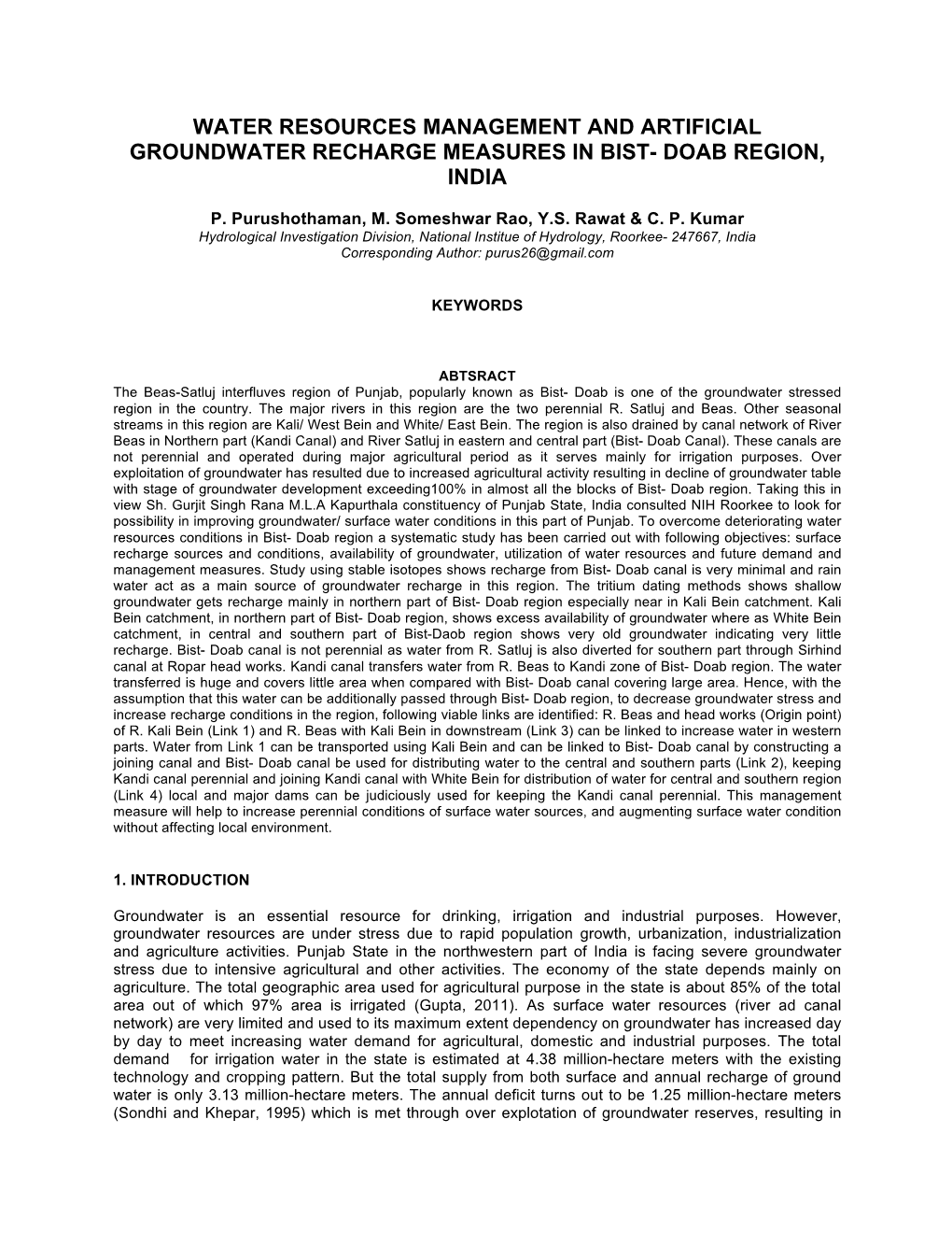 Water Resources Management and Artificial Groundwater Recharge Measures in Bist- Doab Region, India