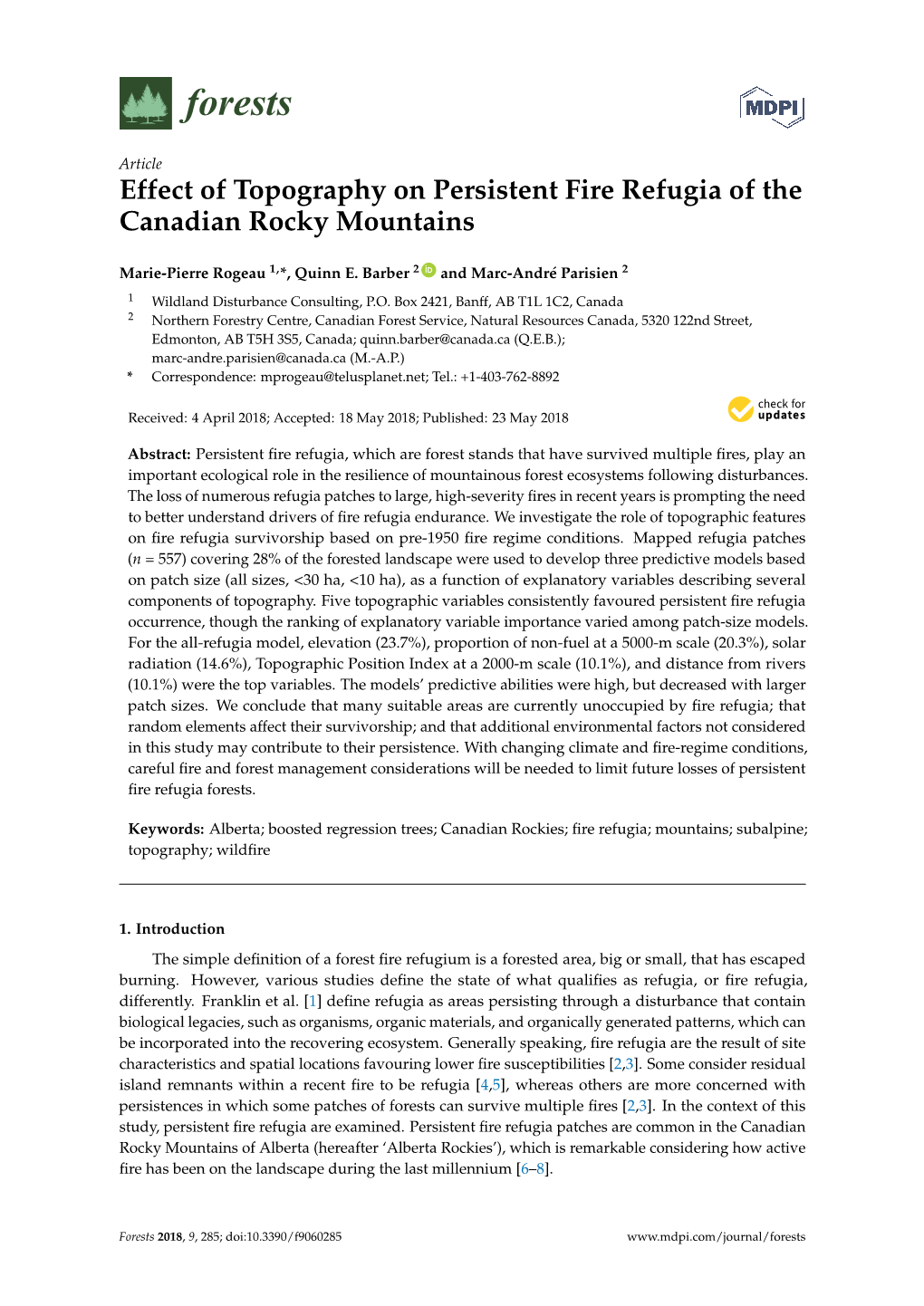 Effect of Topography on Persistent Fire Refugia of the Canadian Rocky Mountains
