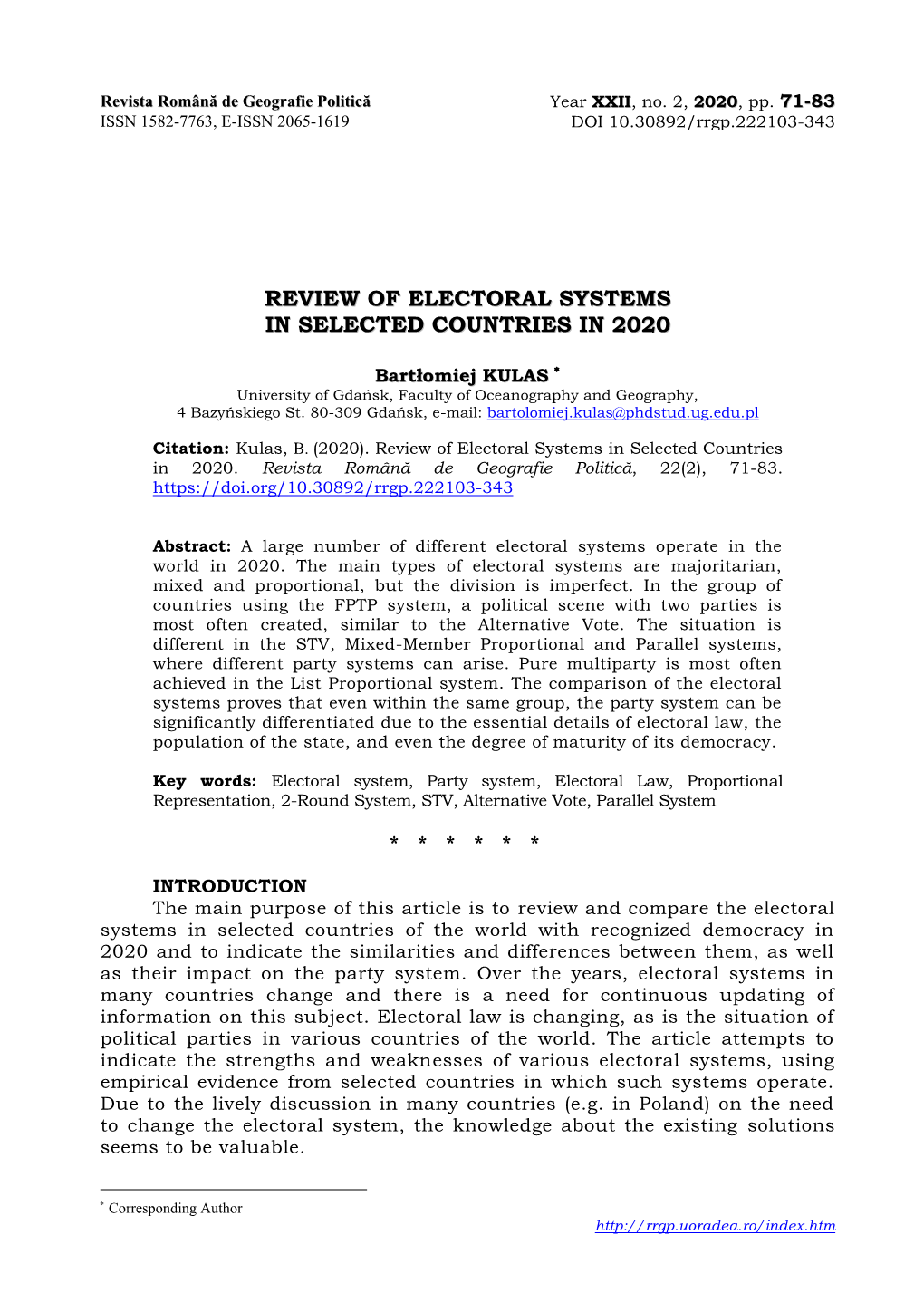 Review of Electoral Systems in Selected Countries in 2020