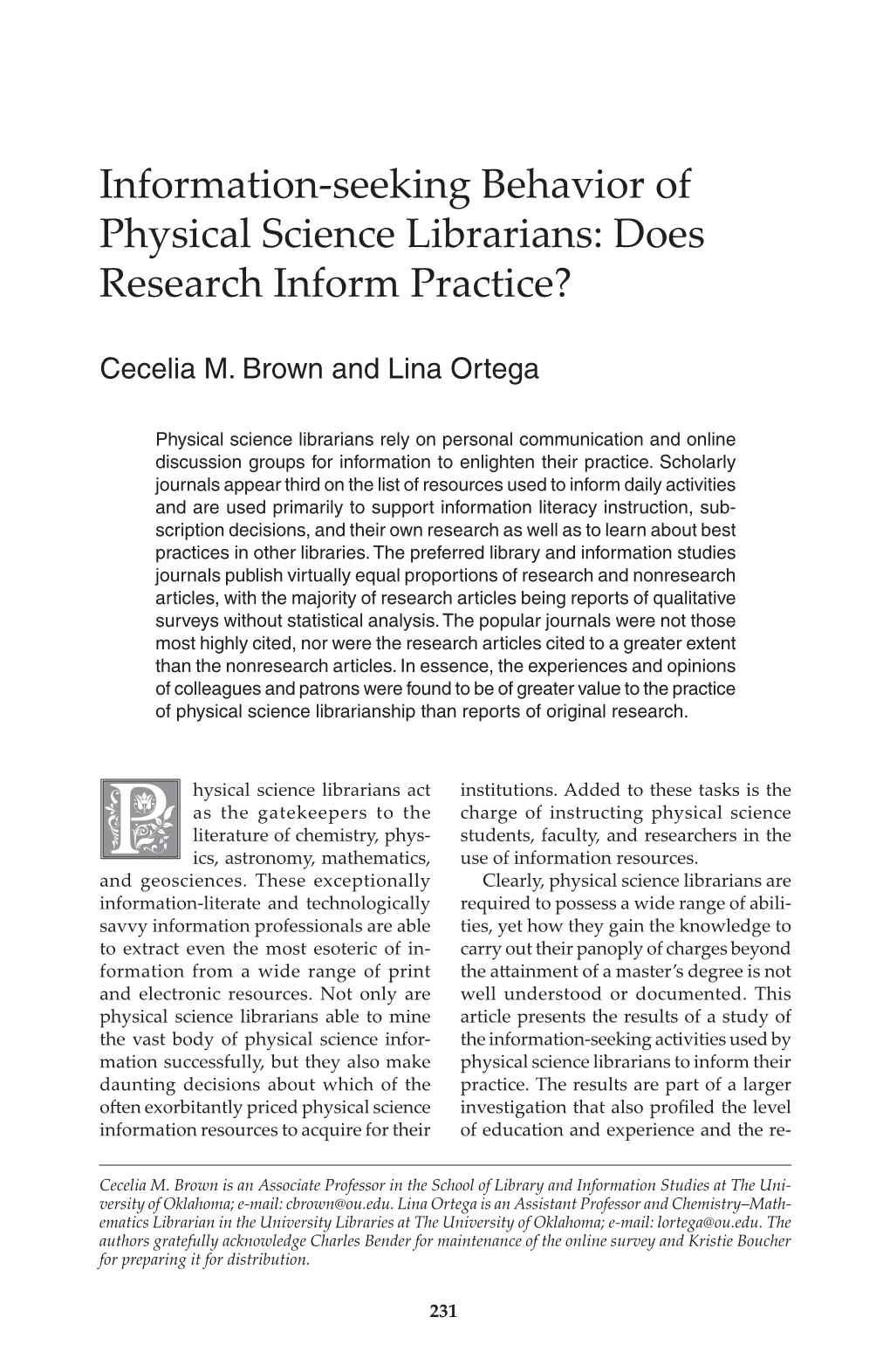 Information-Seeking Behavior of Physical Science Librarians: Does Research Inform Practice?