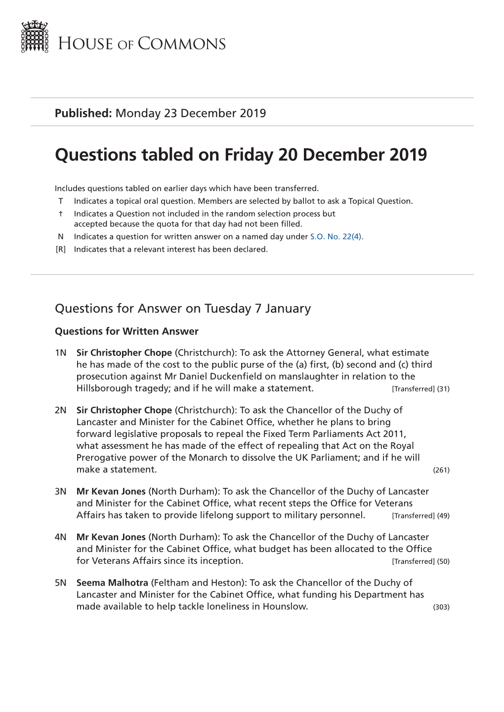 Questions Tabled on Fri 20 Dec 2019