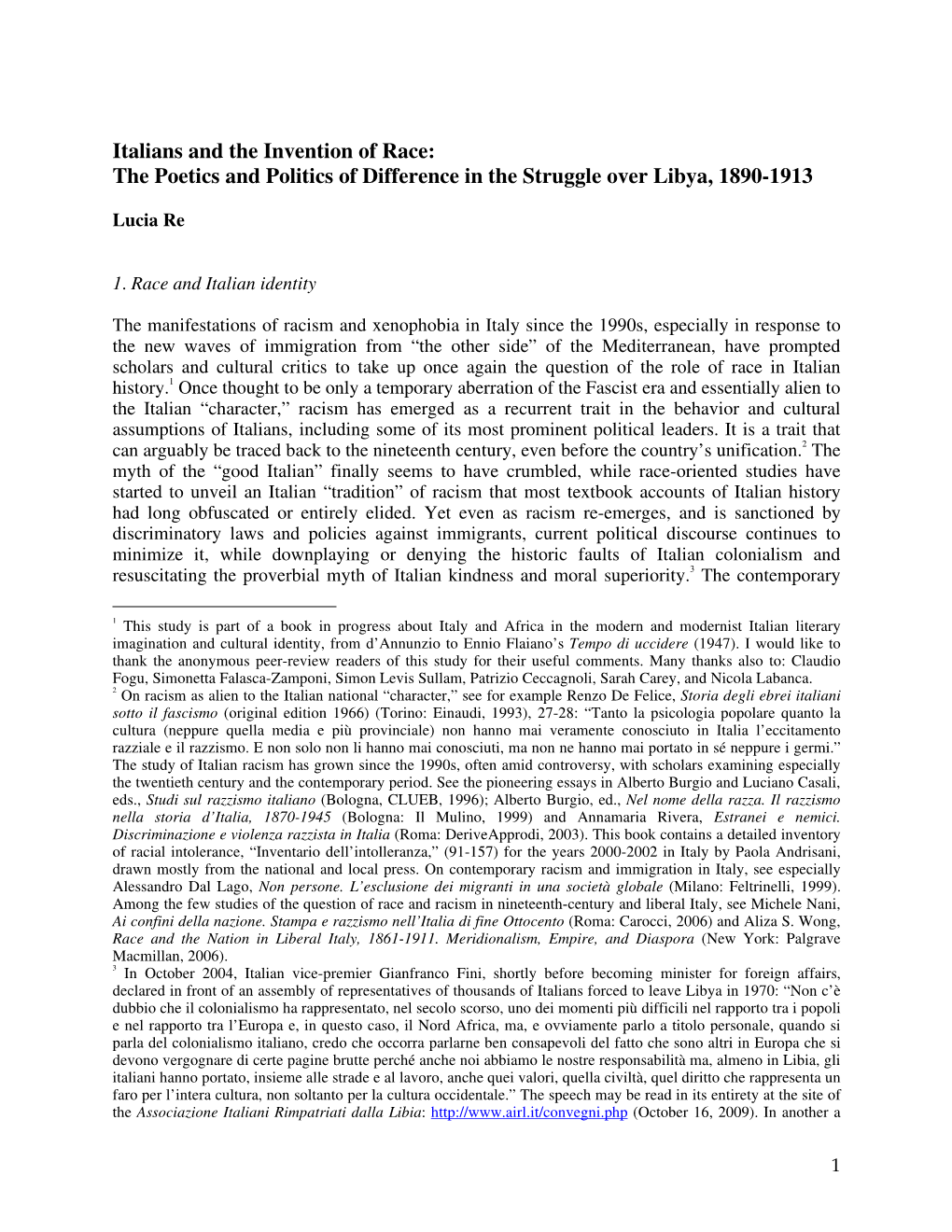 Italians and the Invention of Race: the Poetics and Politics of Difference in the Struggle Over Libya, 1890-1913