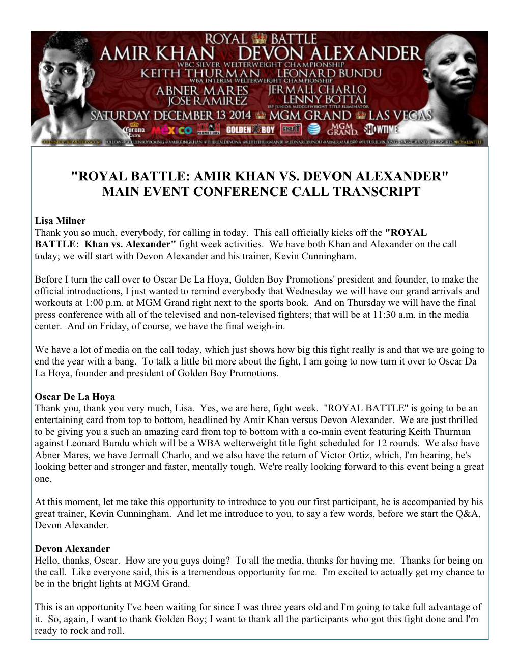 "Royal Battle: Amir Khan Vs. Devon Alexander" Main Event Conference Call Transcript