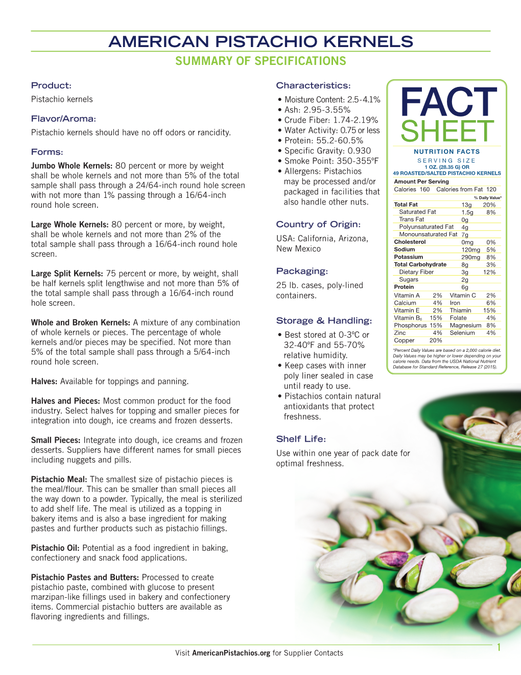 Summary of Specifications for American Pistachio Kernels