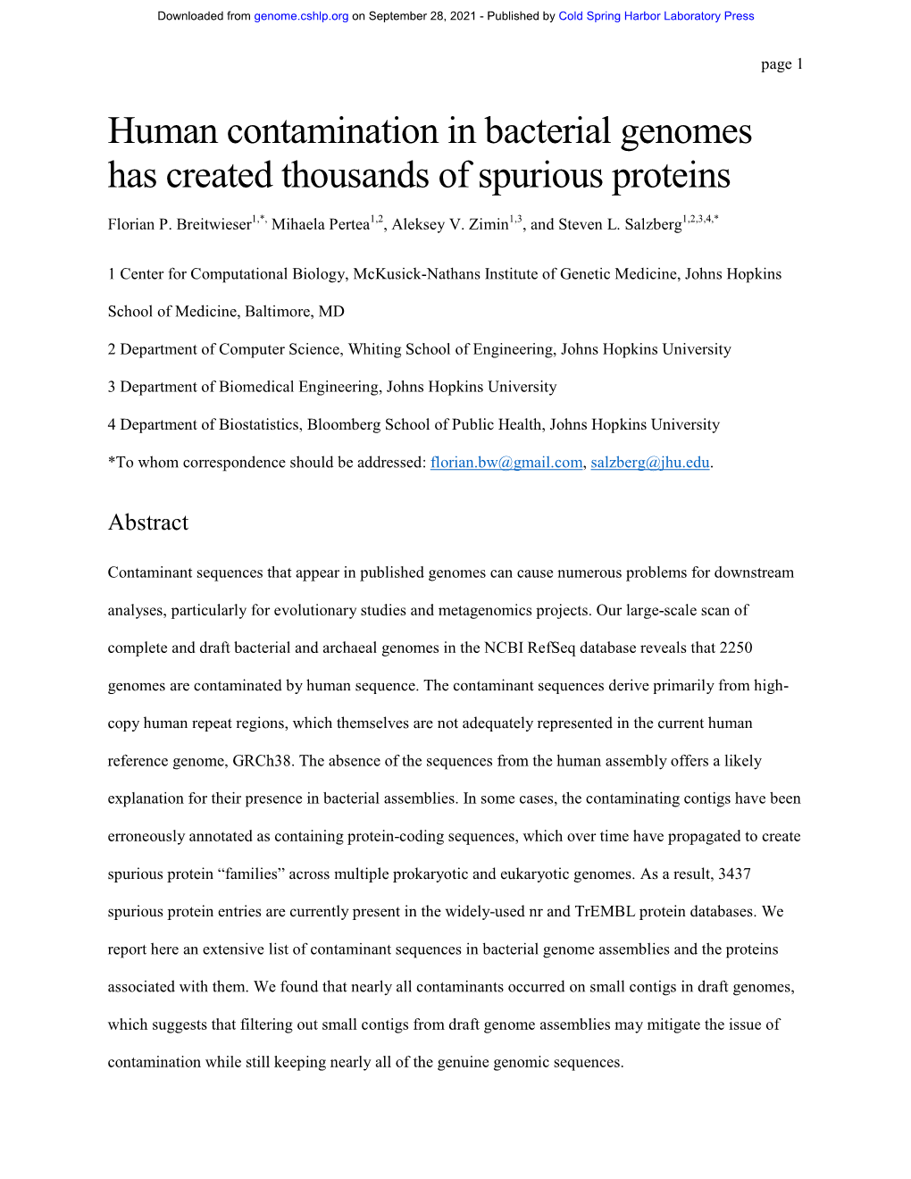 Human Contamination in Bacterial Genomes Has Created Thousands of Spurious Proteins