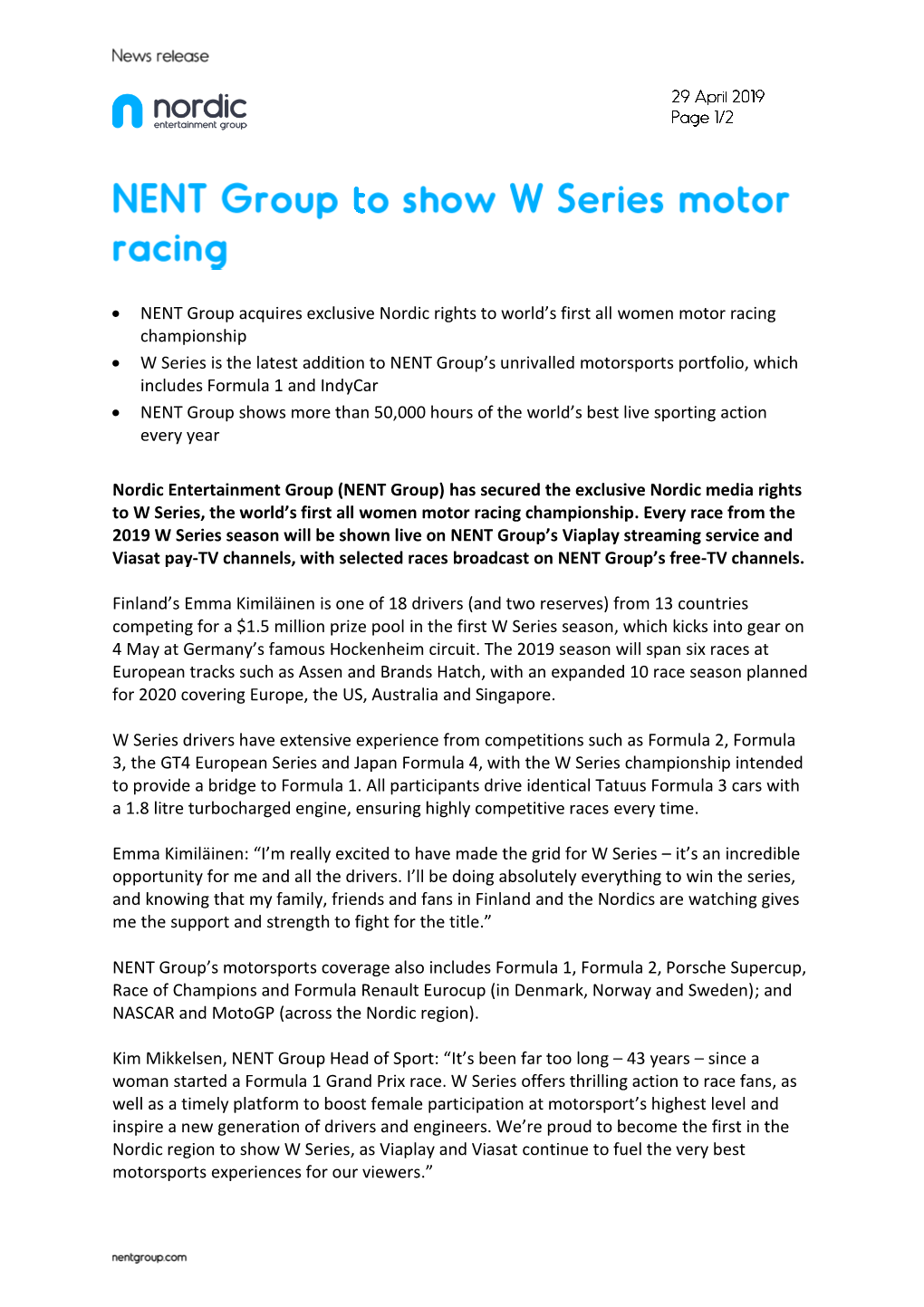 • NENT Group Acquires Exclusive Nordic Rights to World's First All Women Motor Racing Championship • W Series Is the Lates