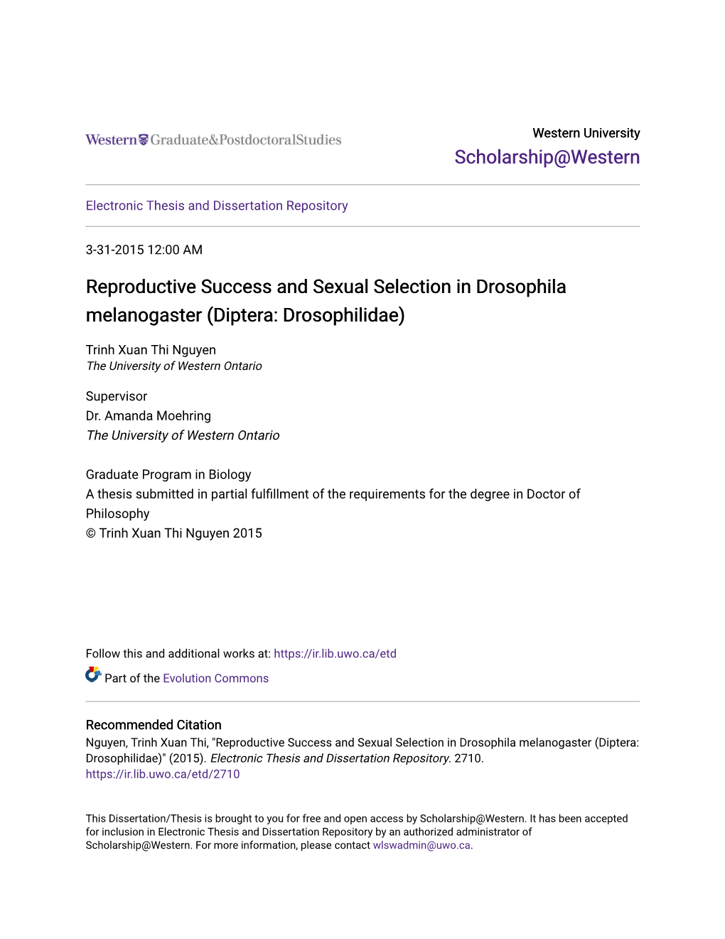 Reproductive Success and Sexual Selection in Drosophila Melanogaster (Diptera: Drosophilidae)