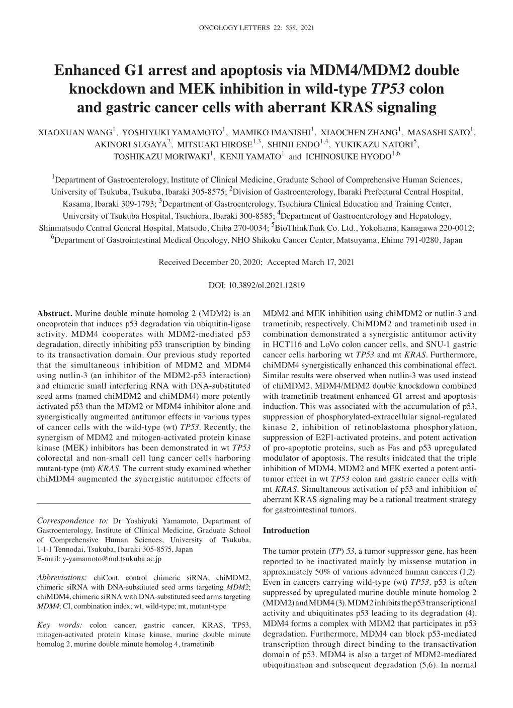 Enhanced G1 Arrest and Apoptosis Via MDM4/MDM2 Double Knockdown and MEK Inhibition in Wild‑Type TP53 Colon and Gastric Cancer Cells with Aberrant KRAS Signaling