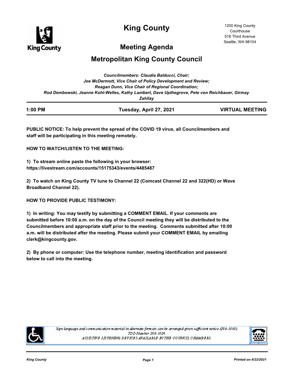 King County King County Courthouse 516 Third Avenue Seattle, WA 98104 Meeting Agenda Metropolitan King County Council