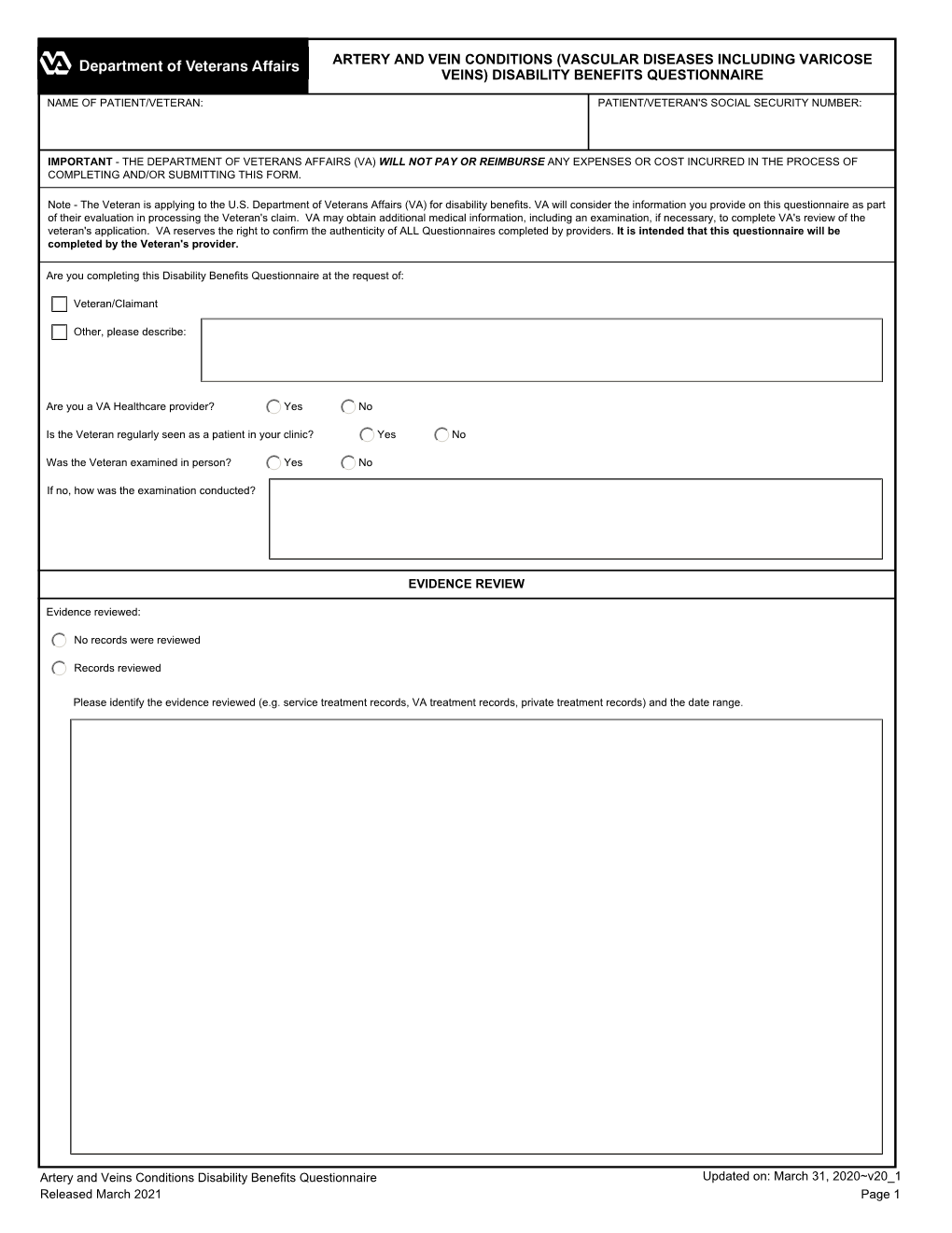 Artery and Vein Conditions (Vascular Diseases Including Varicose Veins) Disability Benefits Questionnaire