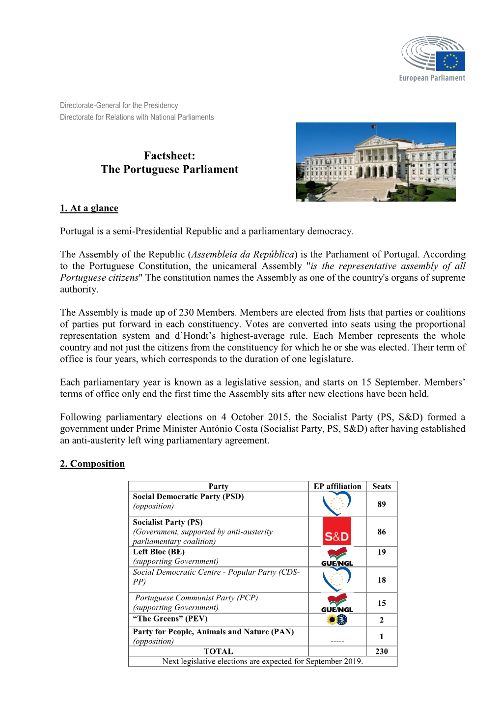 Factsheet: the Portuguese Parliament