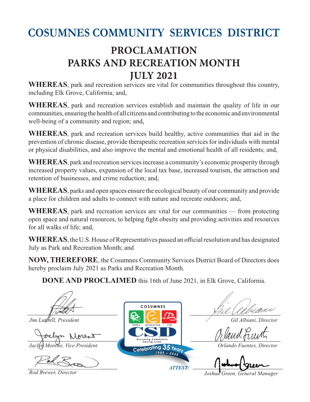 Parks and Recreation Month 2021 Proclamation