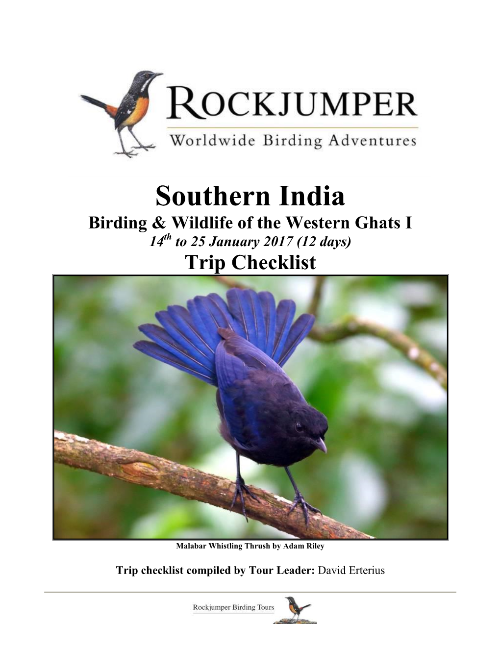 Southern India Birding & Wildlife of the Western Ghats I 14Th to 25 January 2017 (12 Days) Trip Checklist