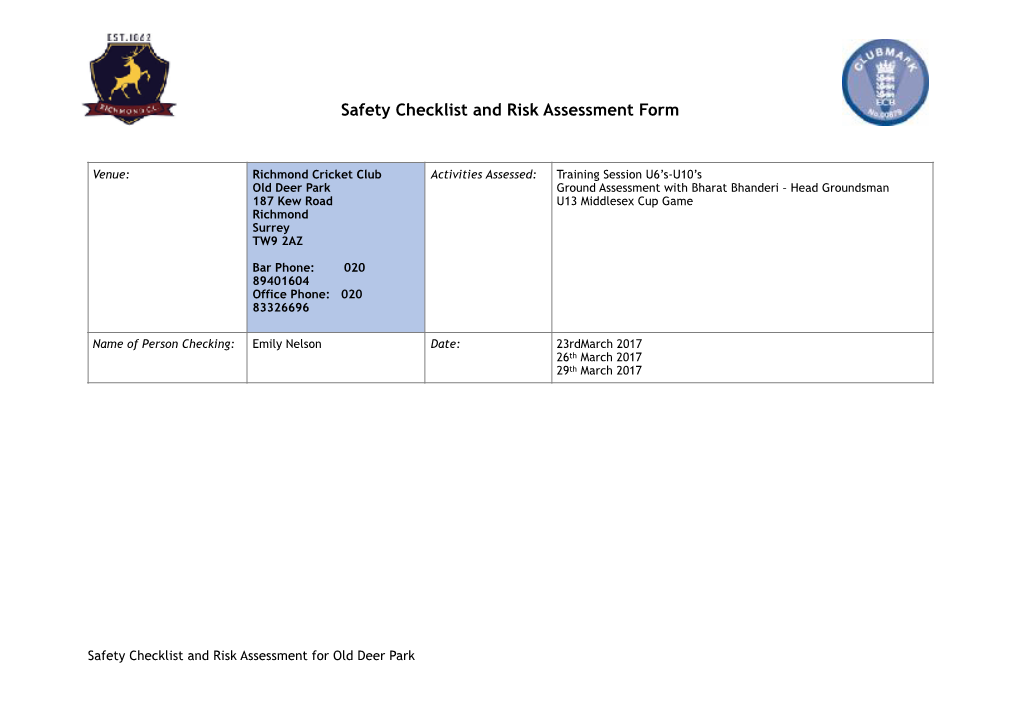 OLD DEER PARK Safety Checklist and Risk Assessment 2018