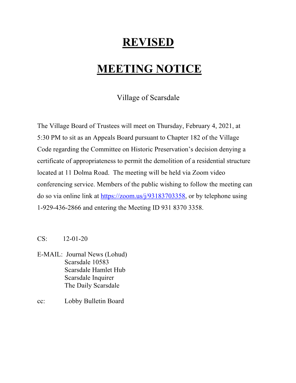 Revised Meeting Notice