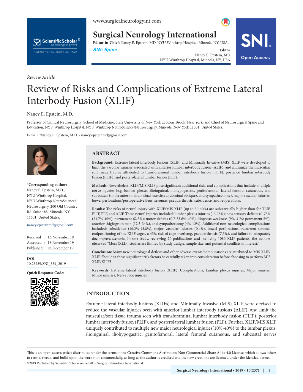 Review of Risks and Complications of Extreme Lateral Interbody Fusion (XLIF) Nancy E