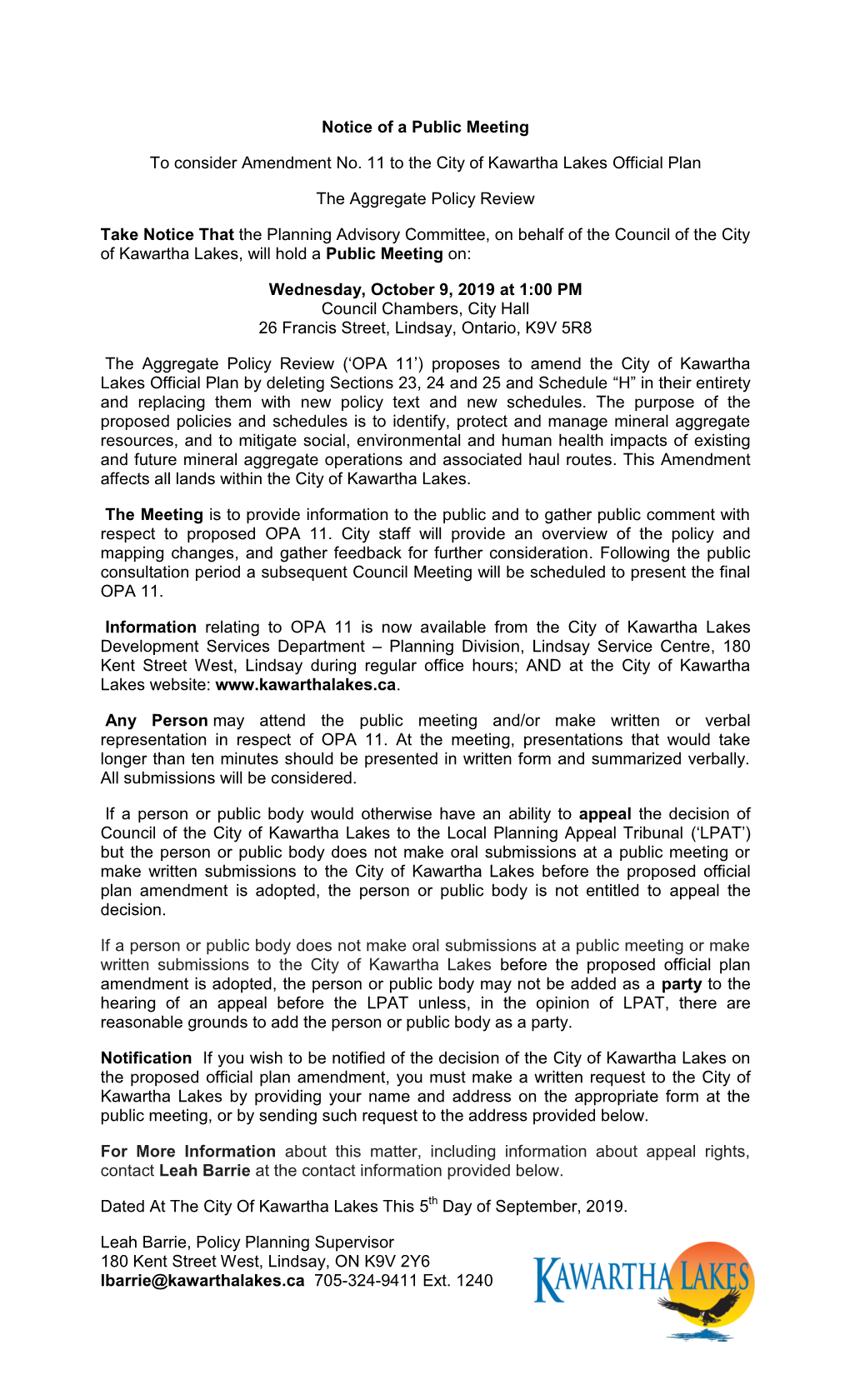 Notice of a Public Meeting to Consider Amendment No. 11 to the City of Kawartha Lakes Official Plan the Aggregate Policy Review