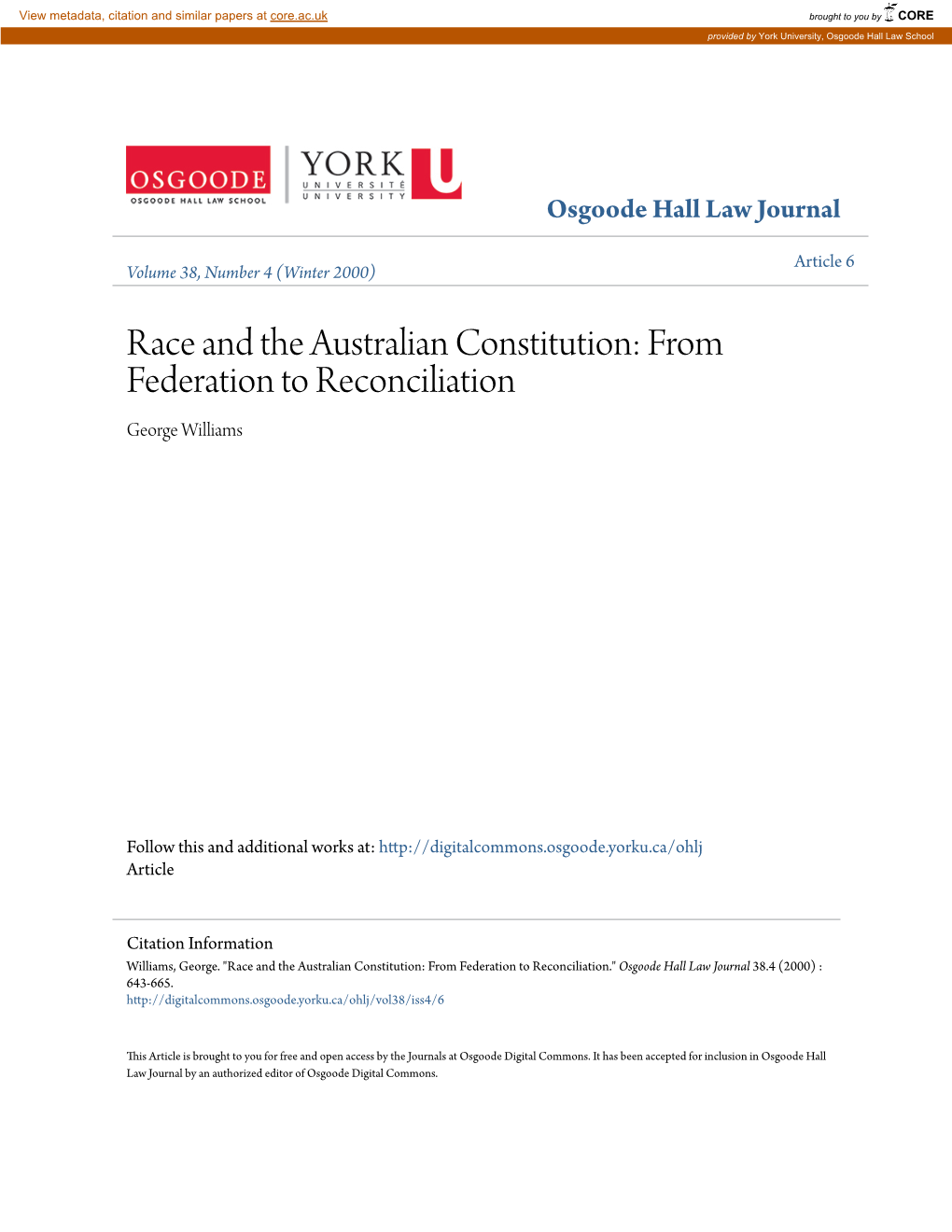 Race and the Australian Constitution: from Federation to Reconciliation George Williams