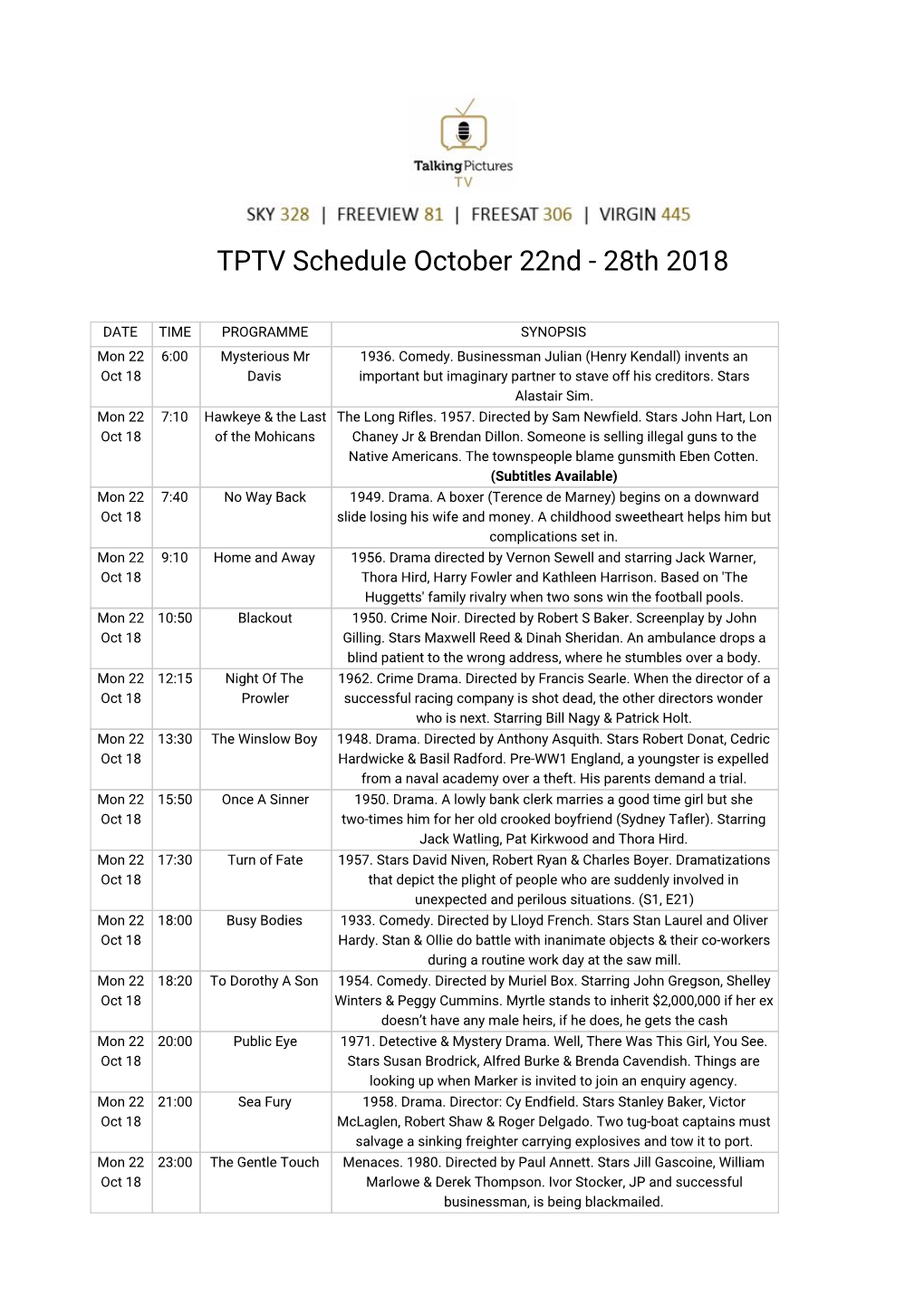 TPTV Schedule October 22Nd - 28Th 2018