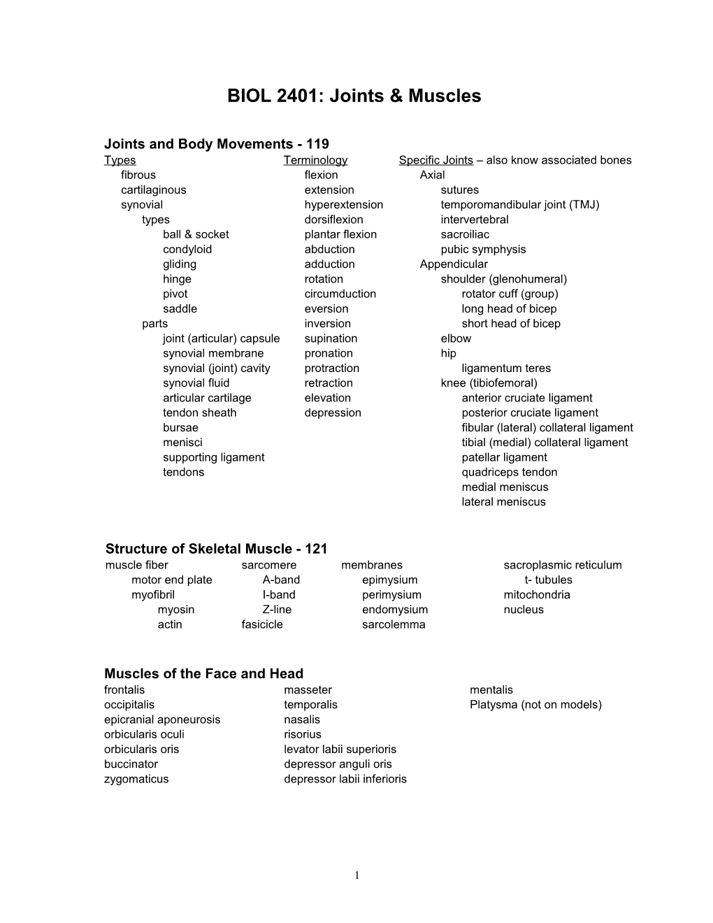 BIOL 2401: Joints & Muscles