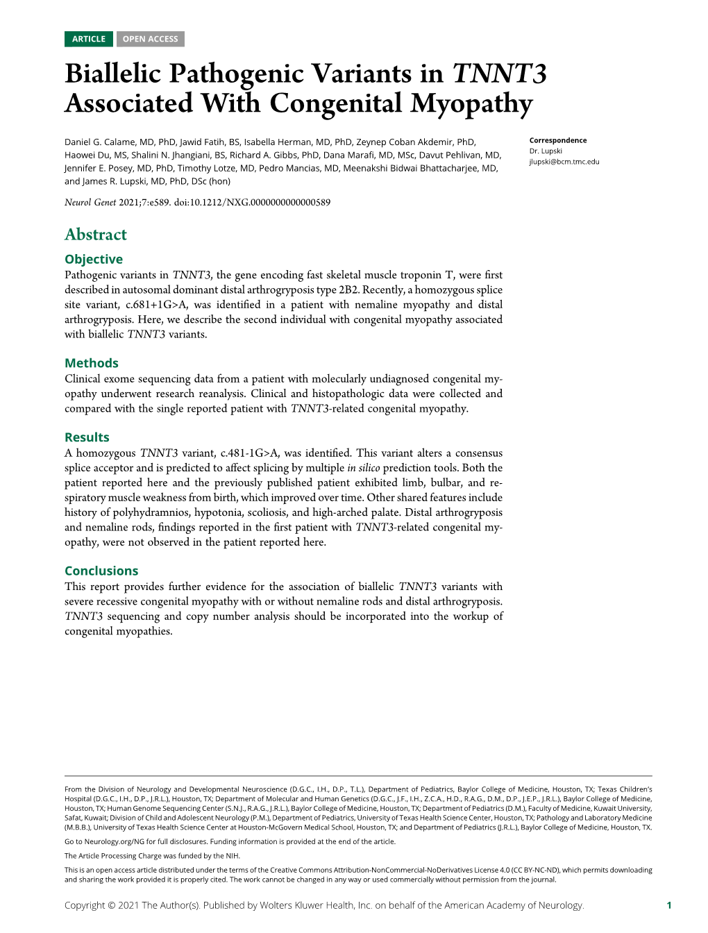 Biallelic Pathogenic Variants in TNNT3 Associated with Congenital Myopathy