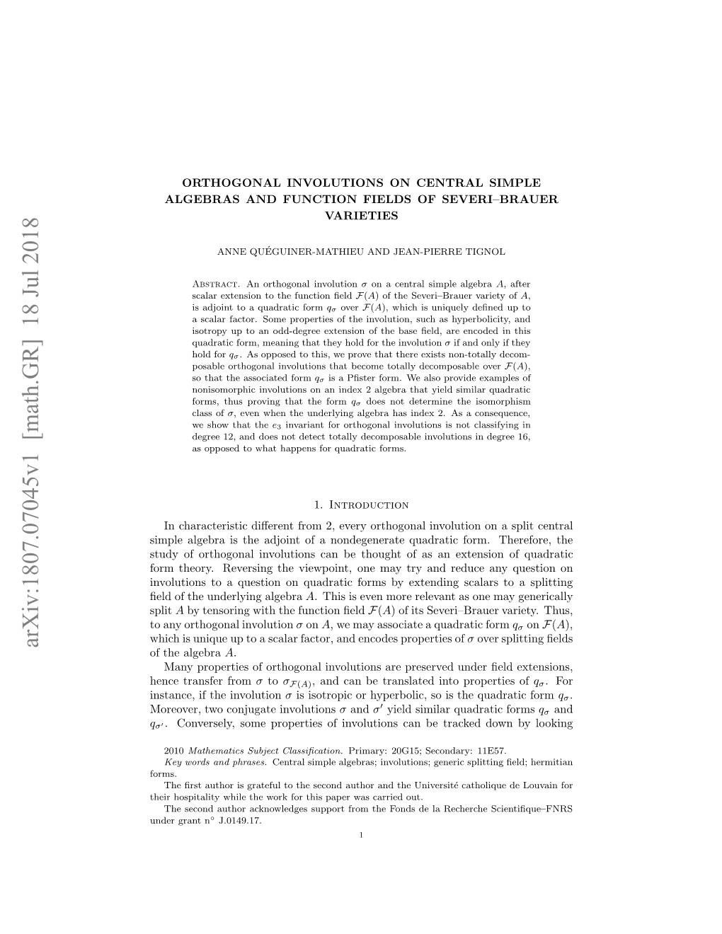 Orthogonal Involutions on Central Simple Algebras and Function Fields