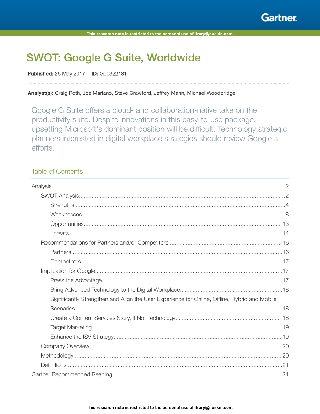 SWOT: Google G Suite, Worldwide