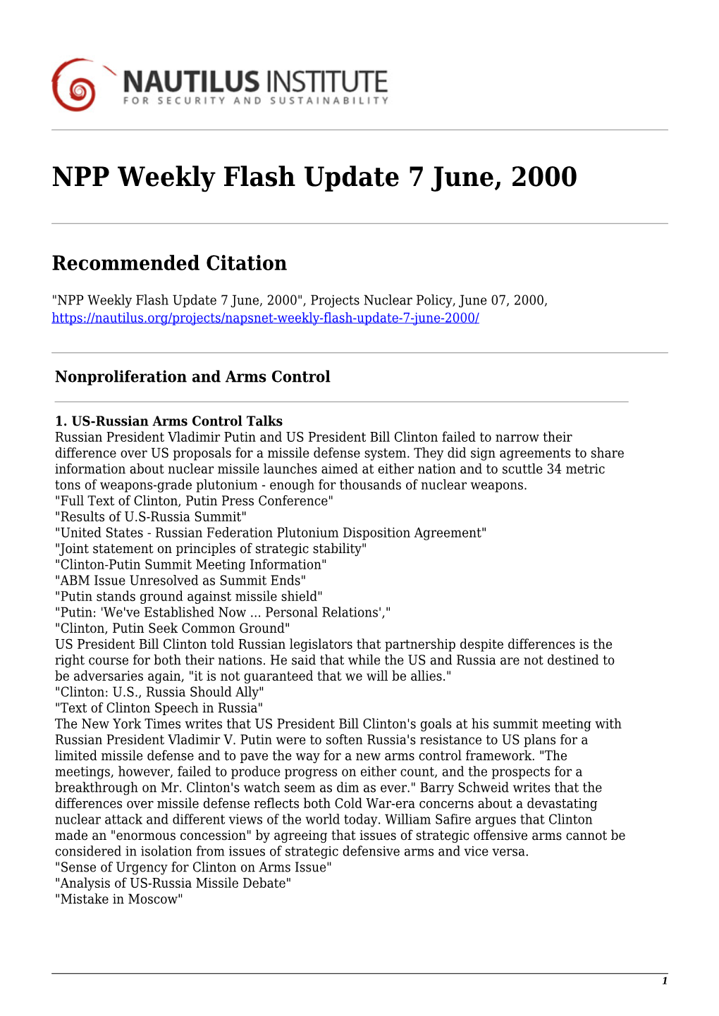 NPP Weekly Flash Update 7 June, 2000