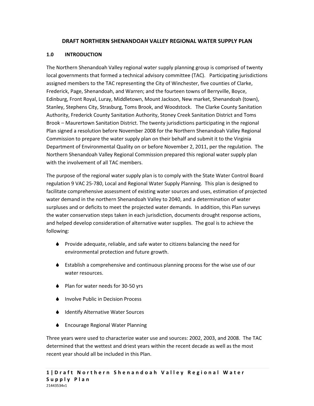 Draft Northern Shenandoah Valley Regional Water Supply Plan