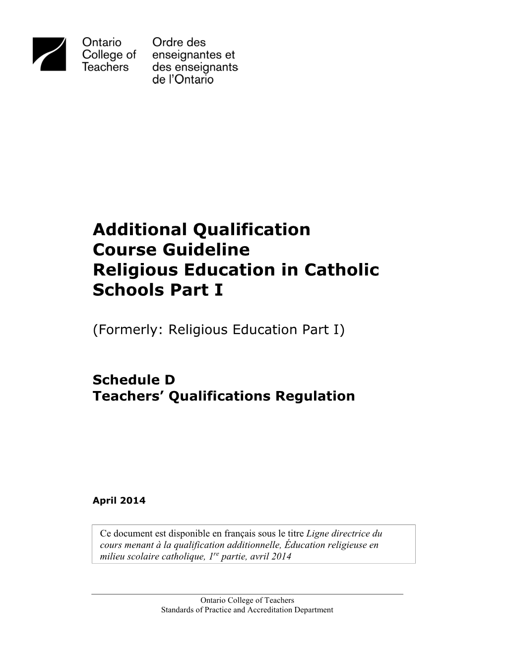 Additional Qualification Course Guideline Religious Education in Catholic Schools Part I