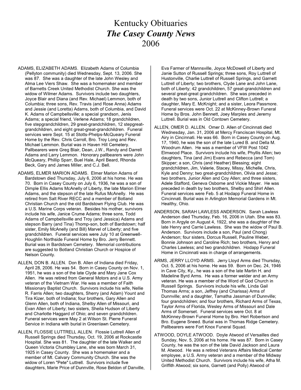 Kentucky Obituaries the Casey County News 2006