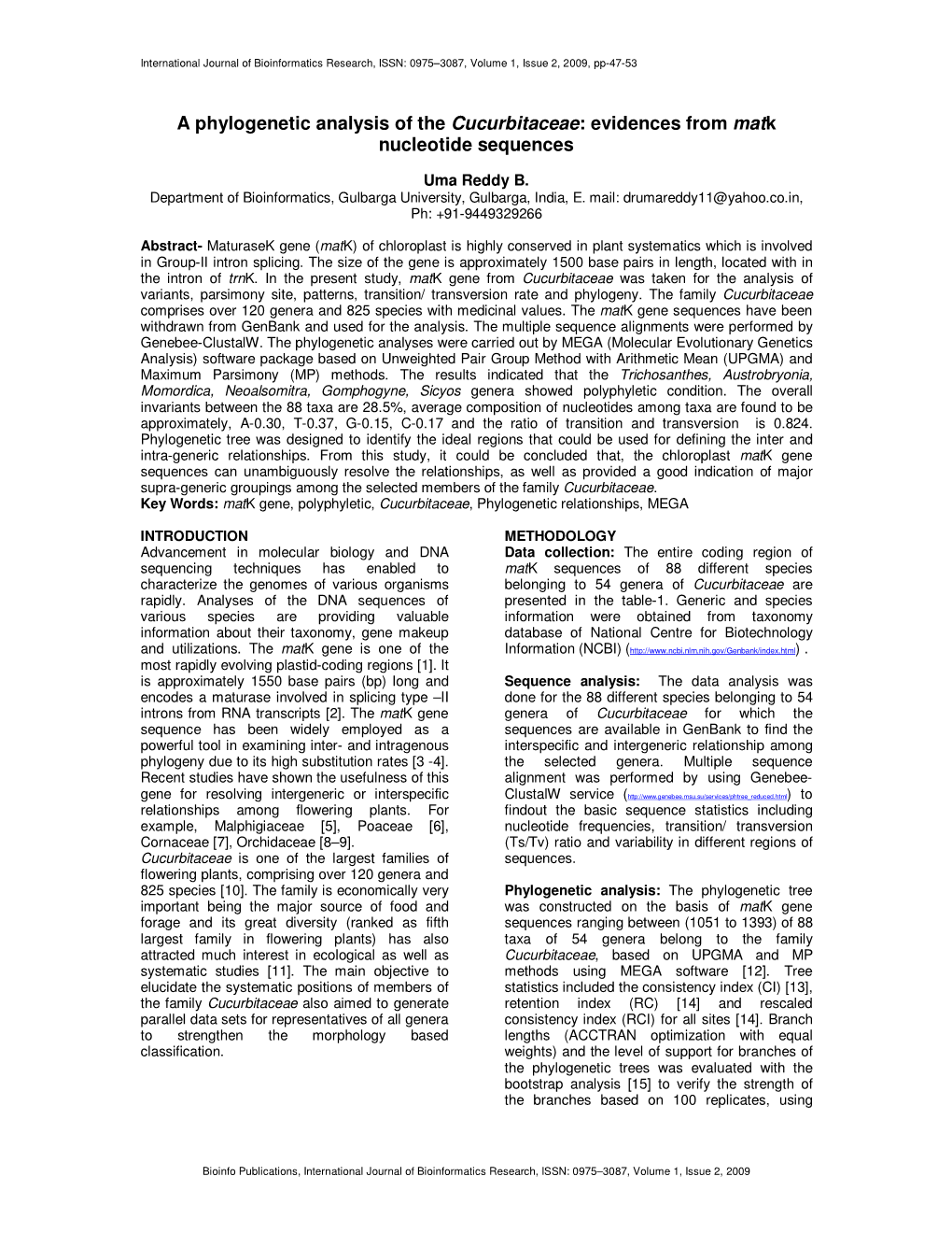 A Phylogenetic Analysis of the Cucurbitaceae: Evidences From