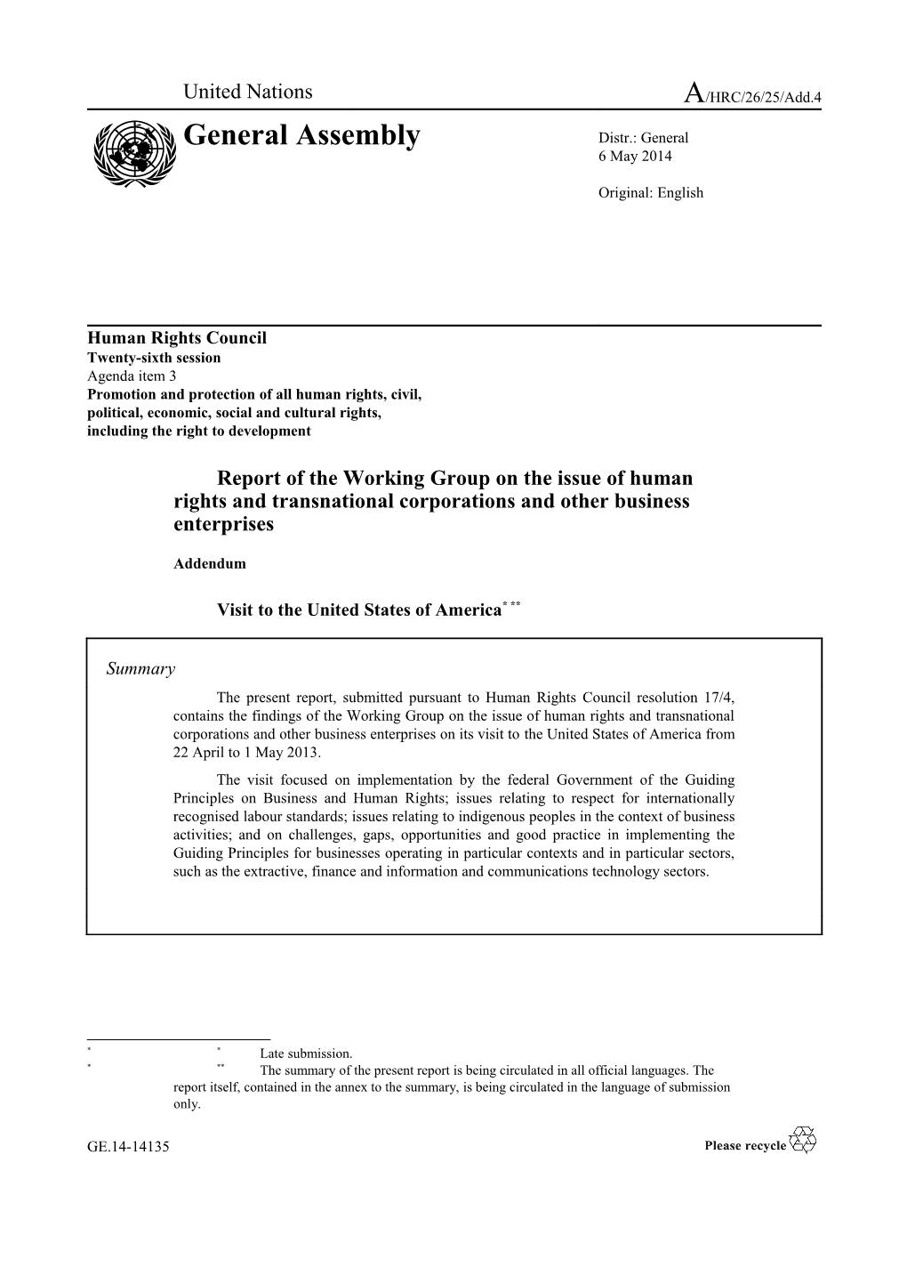 Report Of The Working Group On The Issue Of Human Rights And Transnational Corporations And Other Business Enterprises - Addendum - Visit To The United States Of America