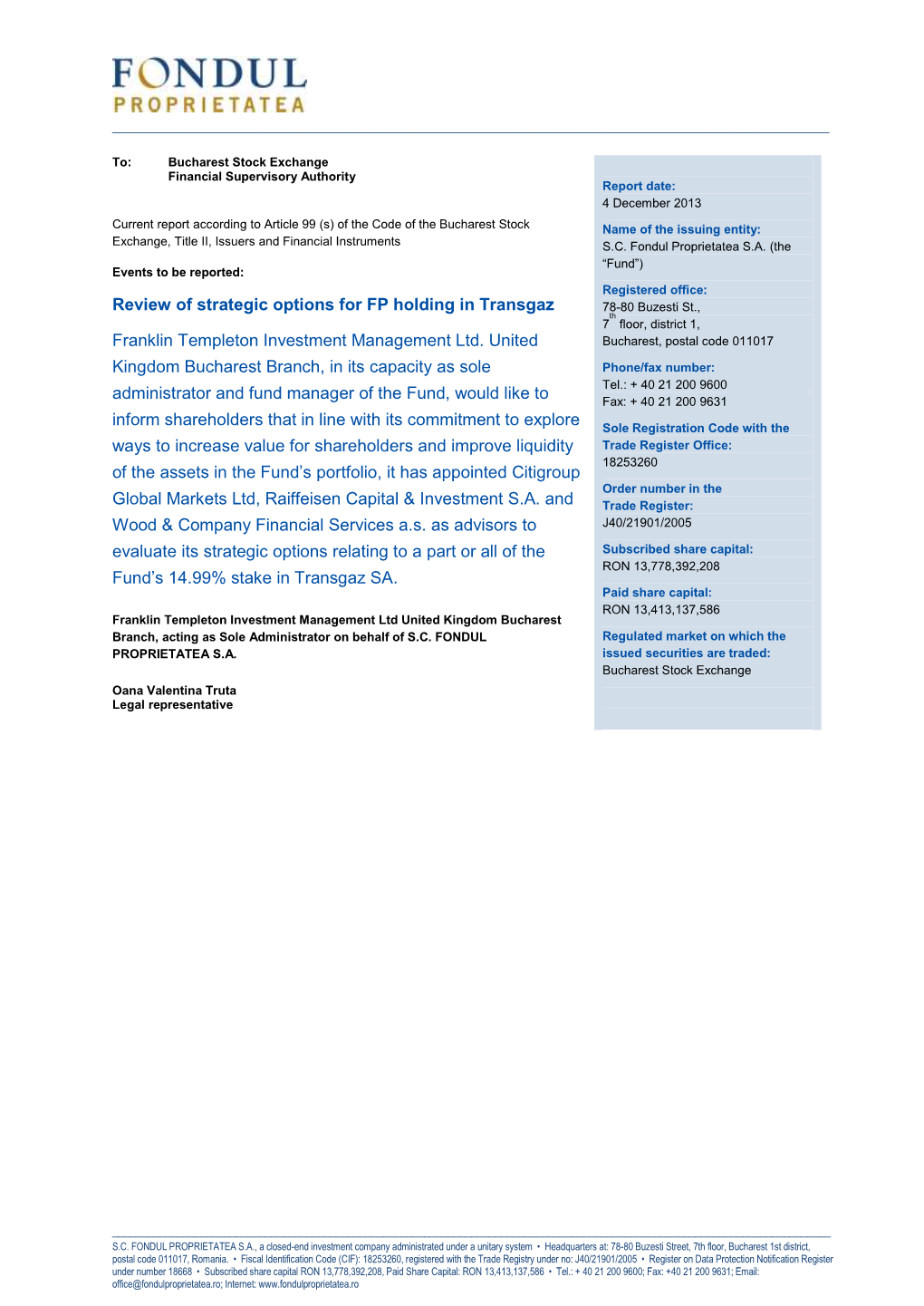 Review of Strategic Options for FP Holding in Transgaz Franklin